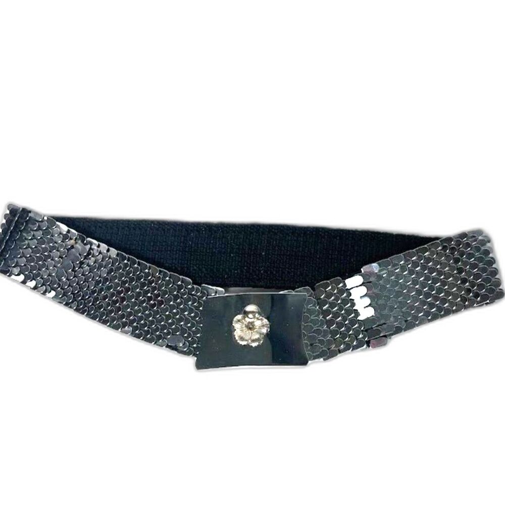 80s VTG Elastic Belt Silver Fish Scales Snake Skin Metal Design Floral Buckle